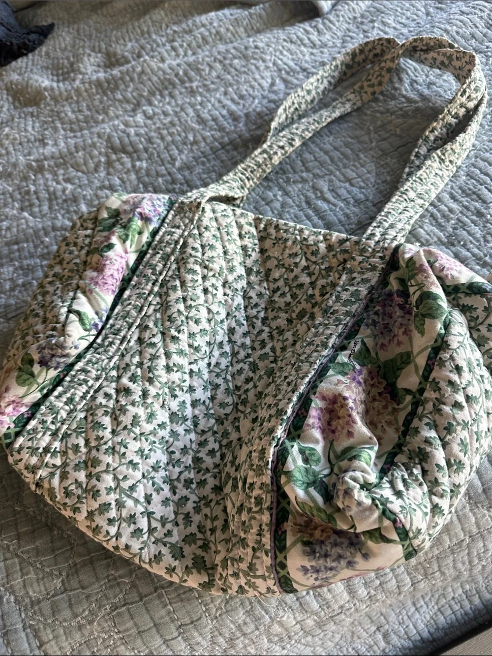 Vera Bradley Cream Quilted Tote with Green and Purple Floral Print - Picture 1 of 7